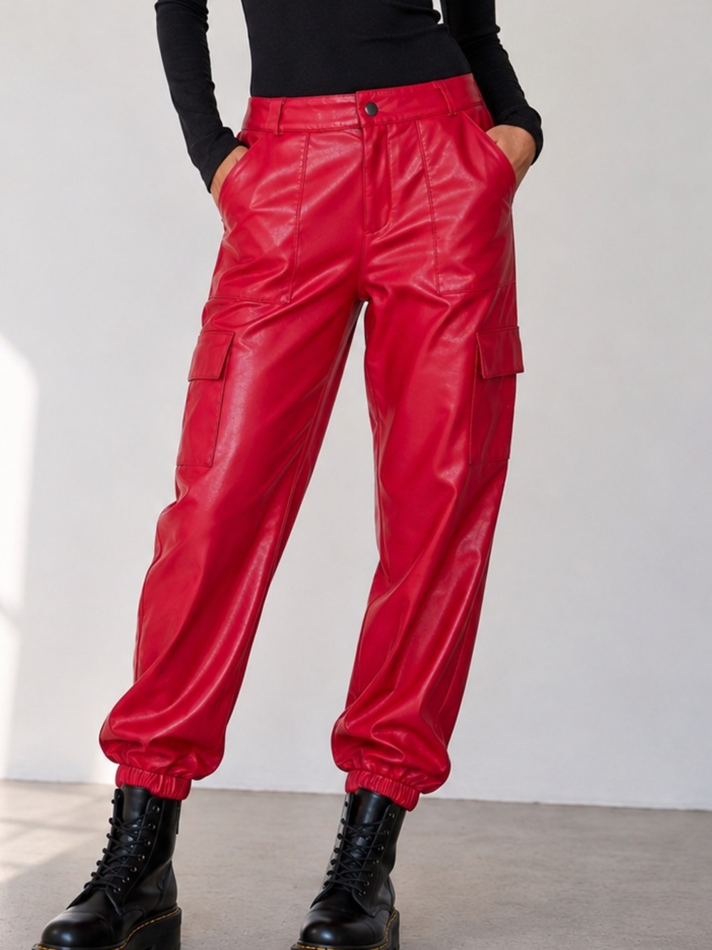 Weissman Red Faux Leather Cargo Jogger Pants High Rise Adult Medium NWOT